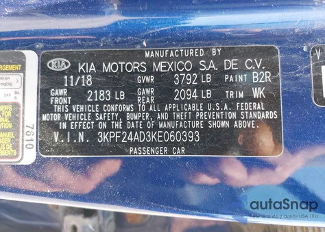 2019 Kia Forte Lxs z USA, uszkodzony, nr VIN 3KPF24AD3KE060393